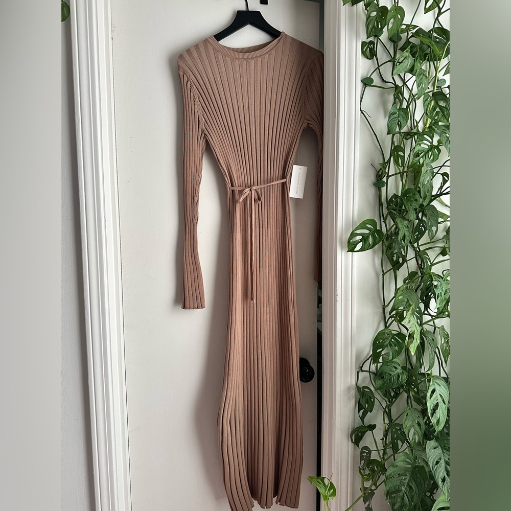 Elegant Long Sleeve Ribbed Dress in Tan